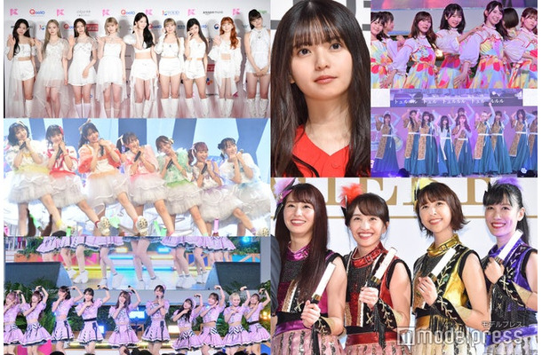 （左上から時計回りに）NiziU、齋藤飛鳥、日向坂46、櫻坂46、ももいろクローバー、 ＝LOVE、FRUITS ZIPPER（C）モデルプレス