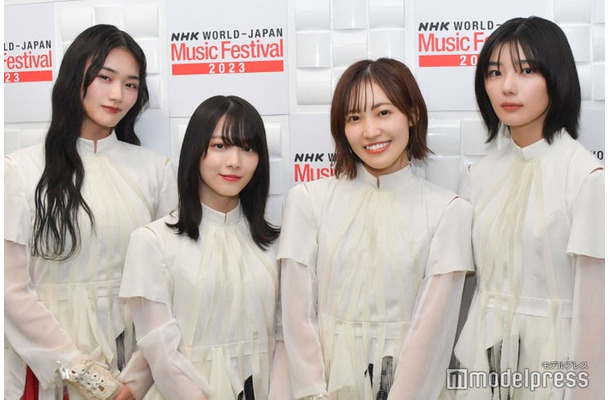 パフォーマンス後に取材に応じた櫻坂46（左から）山崎天、森田ひかる、松田里奈、藤吉夏鈴