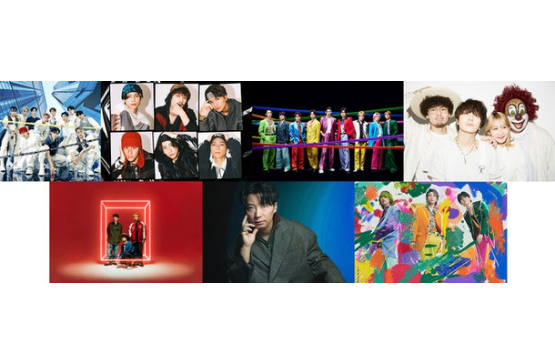 （上段左から）JO1、SixTONES、Snow Man、SEKAI NO OWARI（後列左から）10-FEET、星野源、Mrs. GREEN APPLE（提供写真）