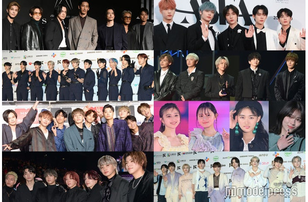 （左上から時計回りに）三代目 J SOUL BROTHERS 、TOMORROW X TOGETHER、 Da-iCE、乃木坂46、櫻坂46、&TEAM、BE:FIRST、超特急、JO1（C）モデルプレス