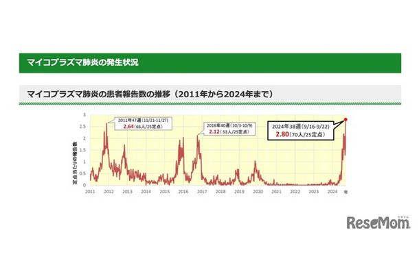 マイコプラズマ肺炎の患者報告数の推移（2011年から2024年まで）