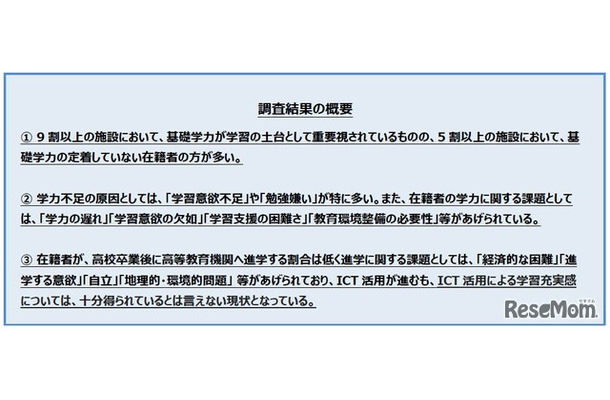 児童養護施設を対象とした、主に学習・進学に関する実態調査結果の概要