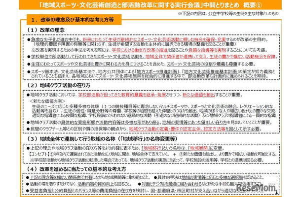 「地域スポーツ・文化芸術創造と部活動改革に関する実行会議」中間とりまとめ概要