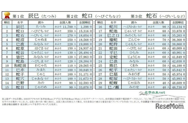 巳年干支にまつわる名字ランキングベスト30