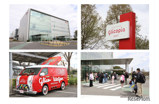 グリコピア・イースト外観（左上）、看板（右上）、初代のグリコワゴン（左下）、入場時のようす（右下）
