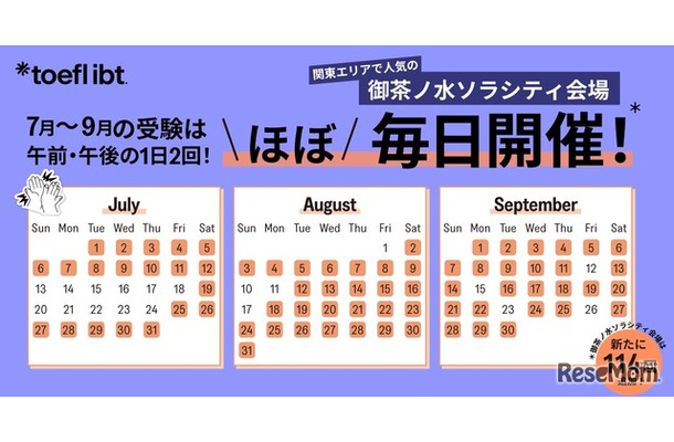 御茶ノ水ソラシティ会場でのTOEFL iBT開催日程
