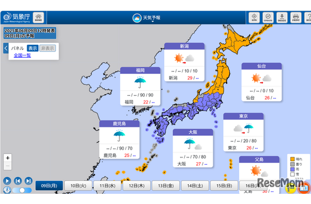 天気予報2025年6月9日正午時点
