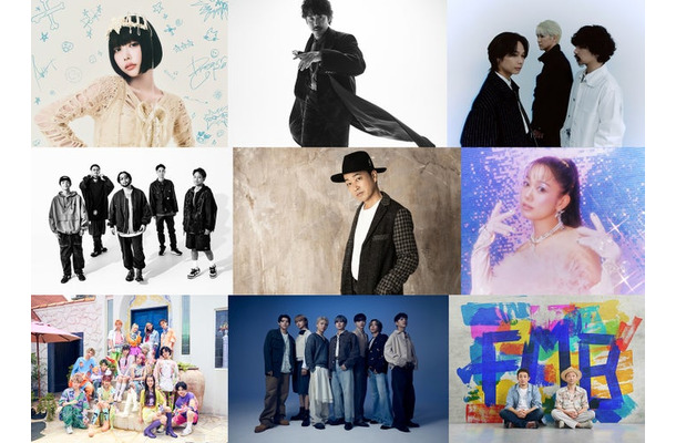 （左上から）ano、大泉洋、Omoinotake（中央左から）ORANGE RANGE、SEAMO、西野カナ（左下から）PG、BE:FIRST、FUNKY MONKEY BΛBY’S（提供写真）
