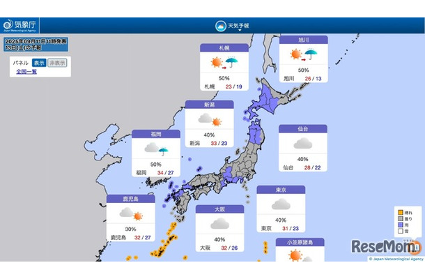 2025年9月13日の全国の天気予報（2025年9月11日11時発表）