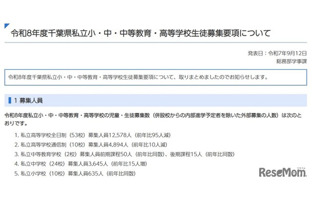 令和8年度千葉県私立小・中・中等教育・高等学校生徒募集要項を公表
