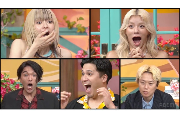 (左から時計回りに)山本舞香、とうあ、リリー、木村昴、盛山晋太郎「ラブキャッチャージャパン2」(C)CJ ENM CO., LTD. All Rights Reserved(C)AbemaTV,Inc.