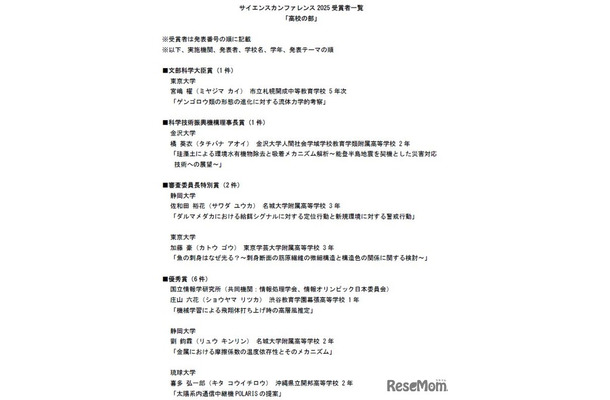 サイエンスカンファレンス2025受賞者一覧「高校の部」