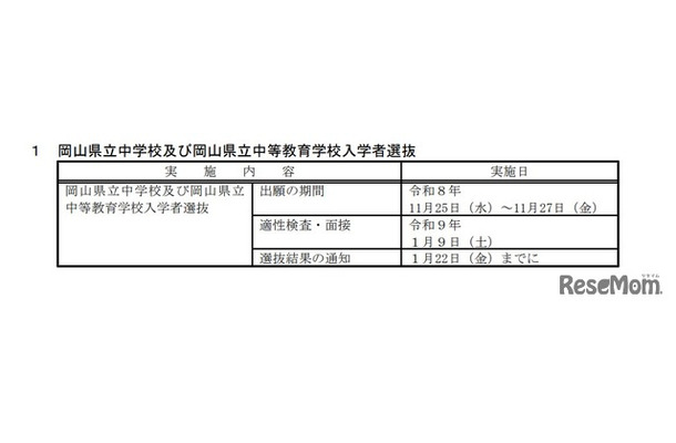 2027（令和9）年度 岡山県立中学校および岡山県立中等教育学校入学者選抜