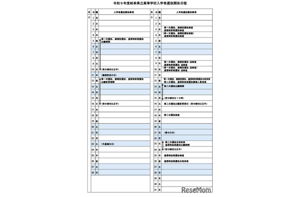 令和9年度岐阜県立高等学校入学者選抜日程