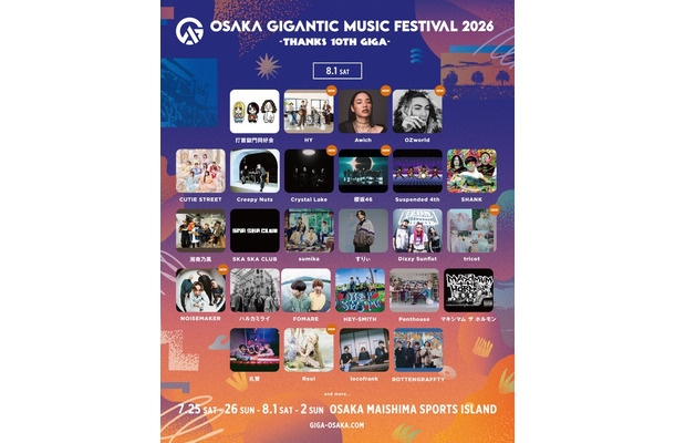 「OSAKA GIGANTIC MUSIC FESTIVAL」8月1日出演アーティスト（提供写真）