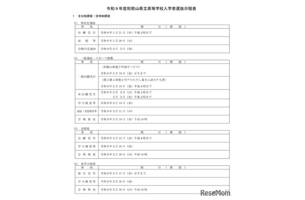 令和9年度和歌山県立高等学校入学者選抜日程表