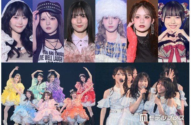 （左から）遠藤まりん、市原愛弓、小坂菜緒、早瀬ノエル、立花琴未、松本ももな（下段左から）FRUITS ZIPPER、日向坂46（C）モデルプレス