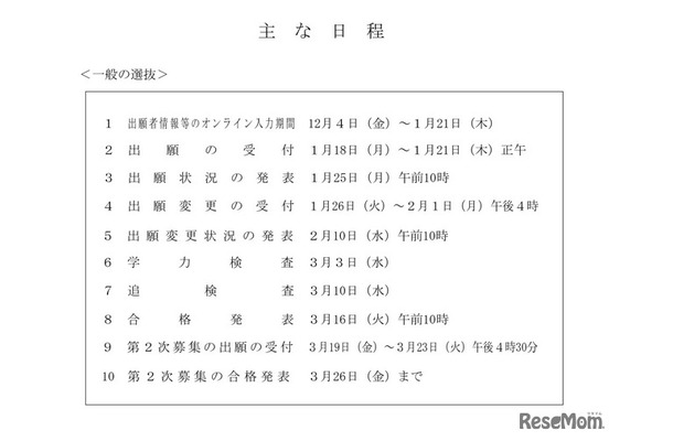 おもな日程＜一般の選抜＞