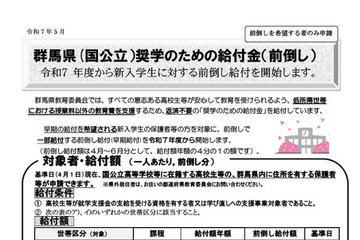 群馬県国公立高、新入生向け奨学金を前倒し給付…返済不要 画像
