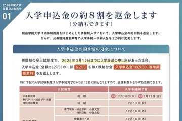 【大学受験2026】桃山学院大、入学申込金の約8割返金・分納制度新設 画像