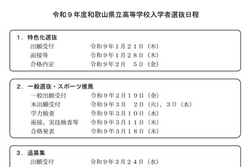 【高校受験2027】和歌山県公立高、一般選抜3/10…日程発表 画像