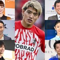 （中央）堂安律選手、（左上から）平愛梨、長友佑都選手、三笘薫選手（右上から）明石家さんま、山田優、小栗旬（C）モデルプレス